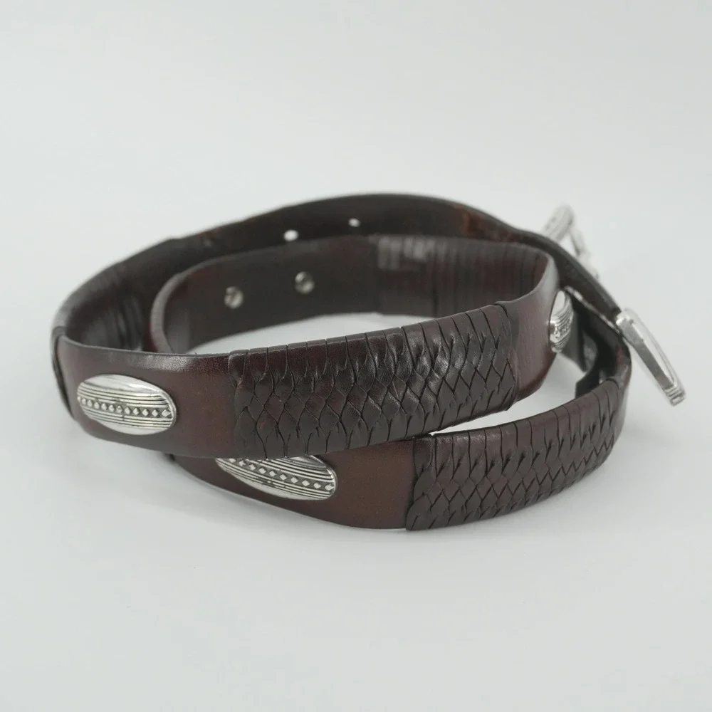 Brighton Leather Belt Mens 38 Brown Woven Western Silver Tone Concho 38057